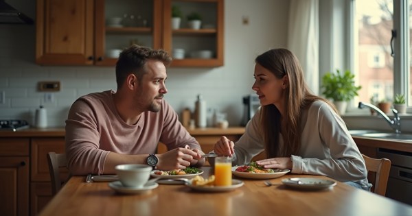 Two people sharing a meal together at a kitchen table, one listening closely
