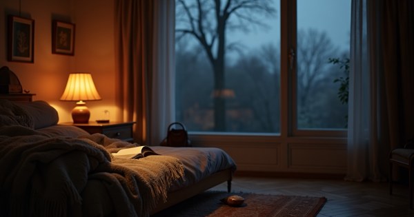 A cozy living room with a book, blanket, and warm lamp on a rainy evening