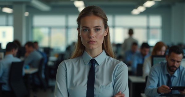 A person in a busy chaotic office looking calm while others are stressed around them
