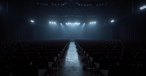 An empty venue with chairs and dim lighting after an event was called off