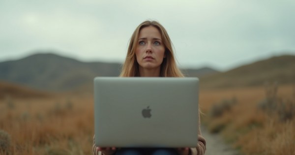 Person looking up from laptop with ambiguous expression as someone approaches
