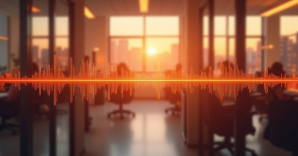Abstract music waveform over a blurred office background in warm colours