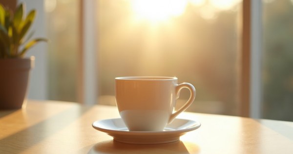 Monday morning coffee cup on a bright desk with sunlight streaming in