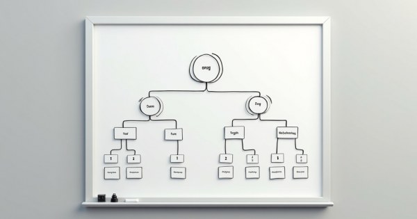 Org chart on a whiteboard next to a flat team circle diagram in contrast