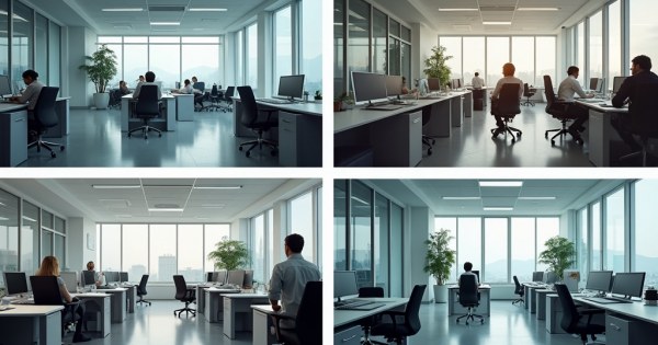Four different office environments shown as small distinct vignettes in a grid