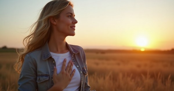 Person looking fulfilled and meaningful at their work, hand on heart
