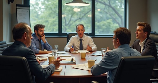 A cluttered office meeting room with too many people talking at once.