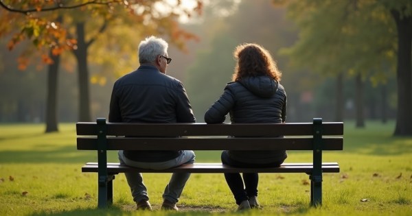 Two people in a tense but civil conversation at a park bench.
