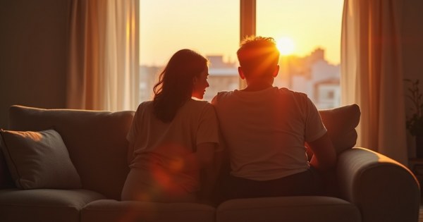 Two friends sitting close together on a couch in soft warm light.