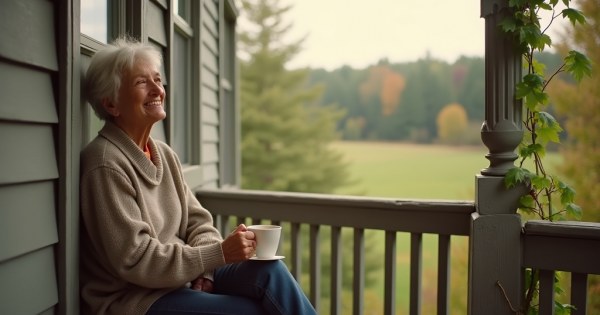 A person sitting peacefully on a porch with coffee and a contented smile.