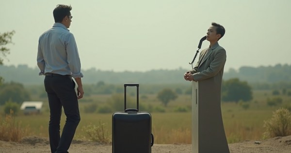 A person staring at an open suitcase beside a ringing office phone.