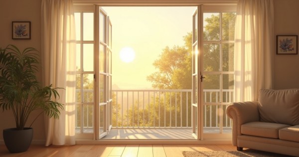 A sunny Saturday afternoon scene with open windows and soft light indoors.