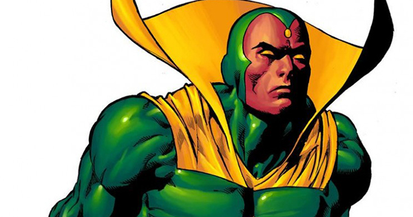 Vision from The Avengers glowing with golden Mind Stone power