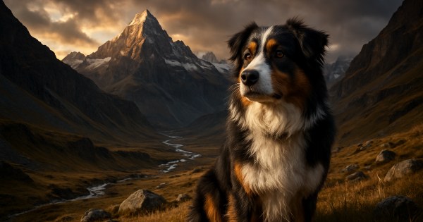 Australian Shepherd dog standing in a field looking energetic and alert