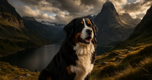 Happy Bernese Mountain Dog sitting outdoors in a scenic mountain setting