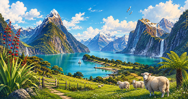 Happy person exploring New Zealand's stunning green landscapes and mountains