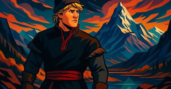 Kristoff from Frozen holding reindeer Sven in snowy landscape