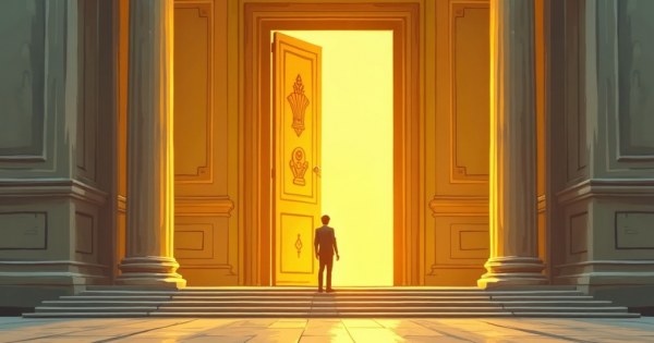 A golden door opening with light streaming through, person hesitating on the step.