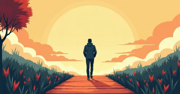 A person pausing with one foot over a threshold, looking back.
