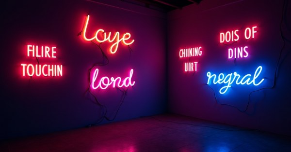 Neon signs with different phrases glowing in a dark room.