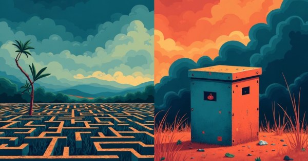 A stormy sky, a maze, a wilting plant, and a locked box side by side.