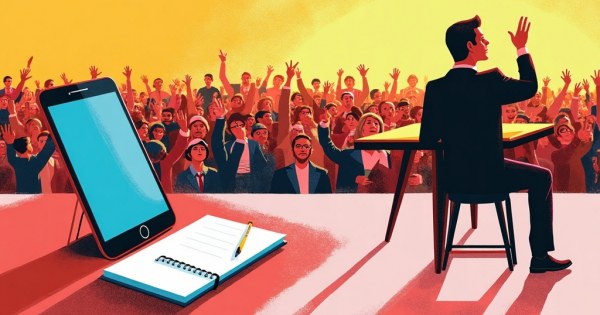 A montage of a phone, a notebook, a crowd, and an empty chair.