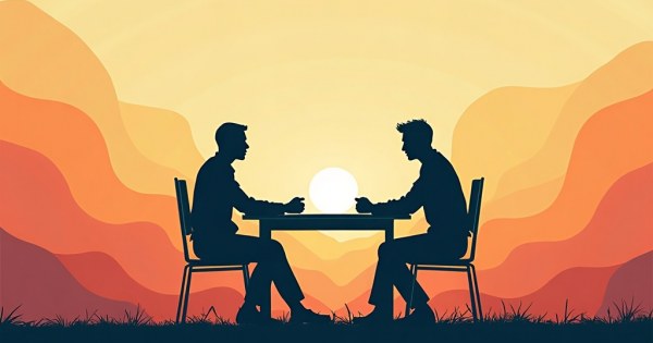 Two people sitting across from each other at a table, one looking away.