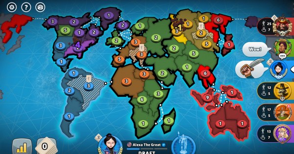 Risk board game with army pieces spread across world map