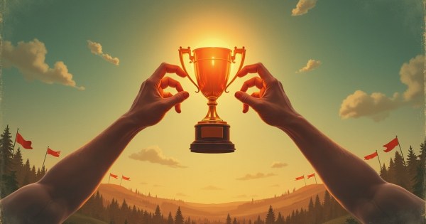 Two pairs of hands reaching toward a glowing trophy from opposite sides.