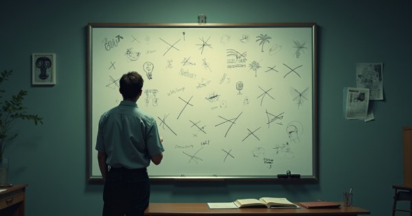 A person staring at a whiteboard covered in crossed-out ideas late at night.