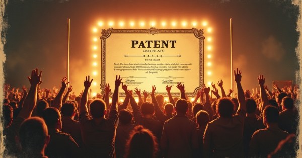 A split image of a glowing patent certificate and a crowded cheering audience.