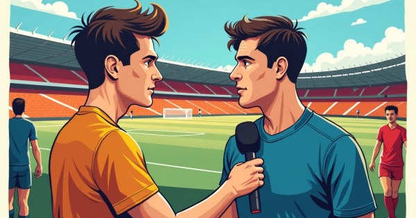 Footballer being interviewed by journalist with microphone after match.