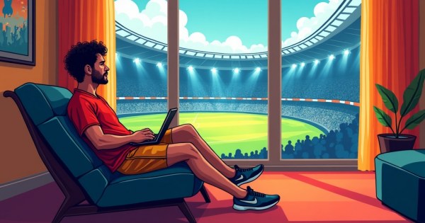 Footballer relaxing in hotel room listening to music before big game.