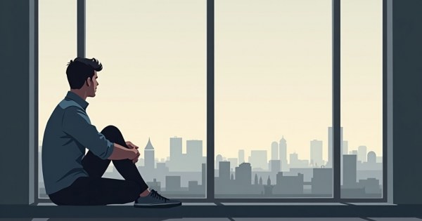Person sitting alone looking reflective, grey sky outside window.