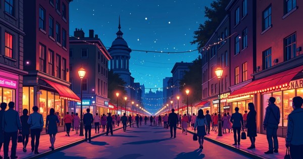 Vibrant Friday night city street with people out socialising.