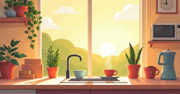 Peaceful Sunday morning kitchen scene with coffee and sunlight.