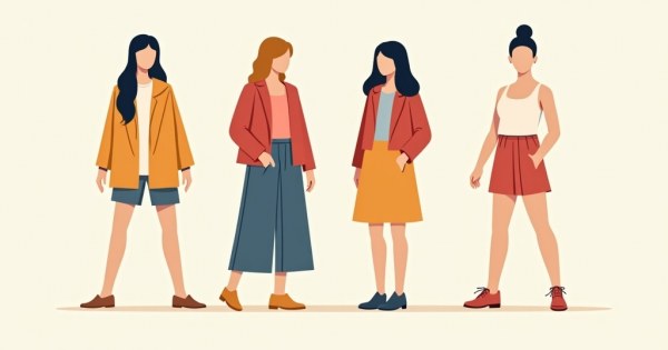 Flat lay of four different outfit styles on a clean background.