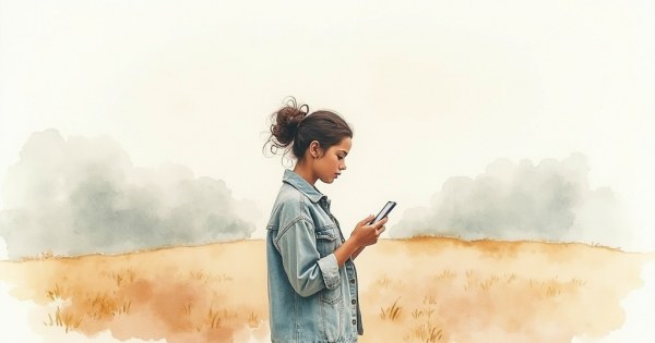 A person reading a text message on their phone with a neutral expression.