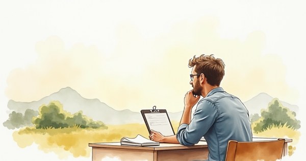 A person at a desk thinking carefully with a notebook open beside them.