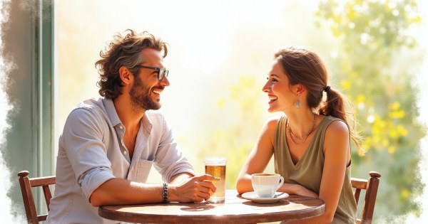 Two friends laughing together at a sunny café table.