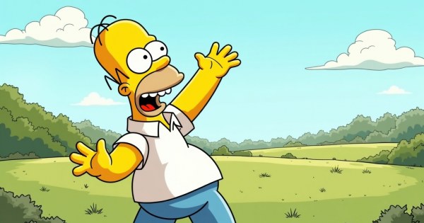 Homer Simpson holding a pink frosted donut in the kitchen.