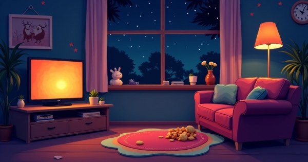 A cozy couch with snacks and a glowing TV on a Friday night.