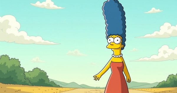 Marge Simpson with iconic blue hair smiling in the family kitchen.