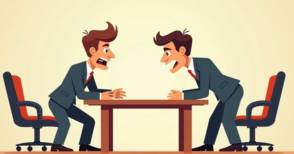 Two colleagues in a tense standoff over a conference room table.