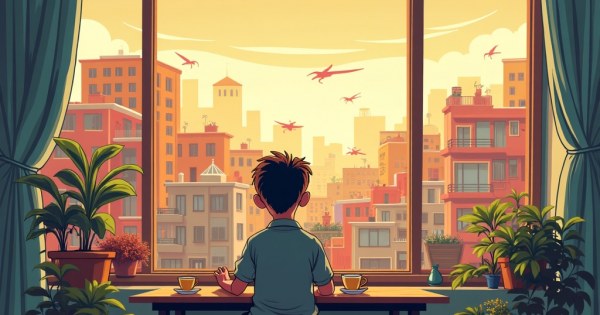 A person sipping tea while watching chaos unfold behind a window.