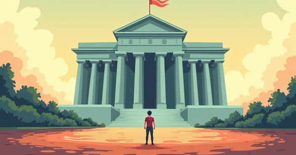 A lone person standing defiantly in front of a giant imposing building.
