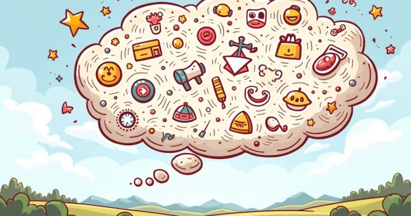 A cartoon thought bubble overflowing with swirling abstract symbols and icons.