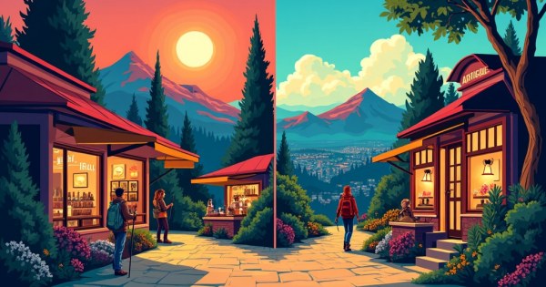A split image showing hiking trails, coffee shops, city lights, and antique markets.