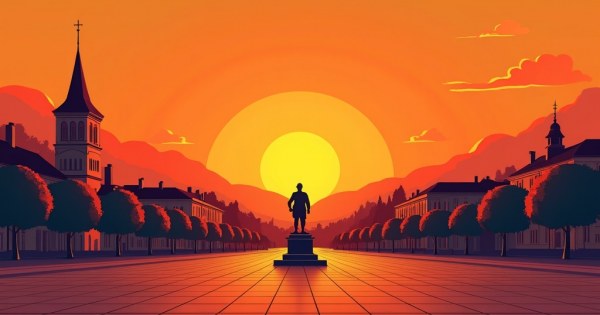 A warm sunset over a town square with a small bronze statue in the distance.