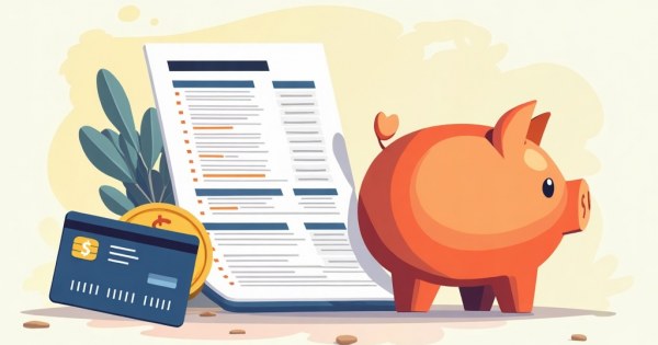A piggy bank next to a credit card next to a neatly organized budget sheet.